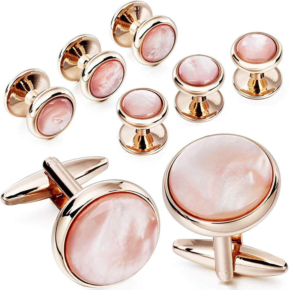 Cufflinks and Tuxedo Studs Set for Men with Gift Box, Rose Gold Tone Mother-Of-P