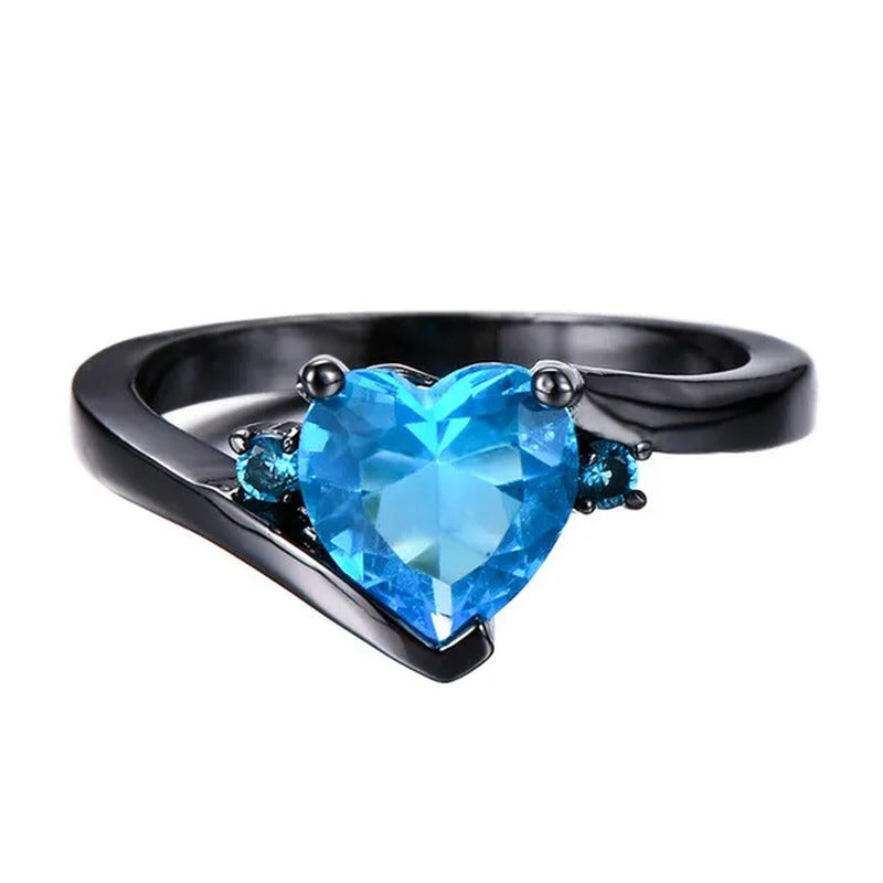 Delicate Love Heart Aquamarine Crystal Diamond Black Color Ring Promise Rings Vi