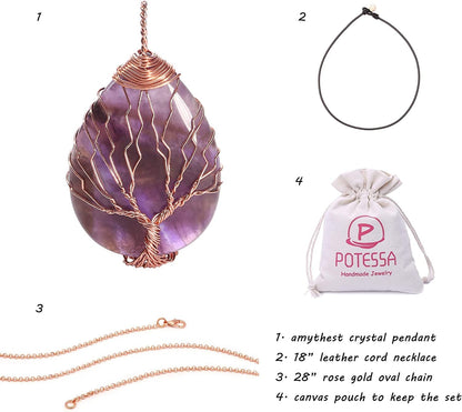 Tree of Life Teardrop Heart Amethyst Opal Pendant Necklace Copper Wire Wrapped G