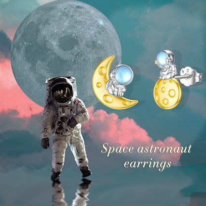 Space Stud Earrings Sterling Silver Moonstone Planet Astronaut Earrings Saturn J