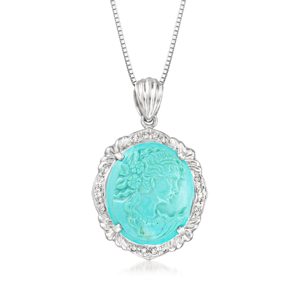 C. 1980 Vintage Turquoise and .10 Ct. T.W. Diamond Cameo Pendant Necklace in Pla