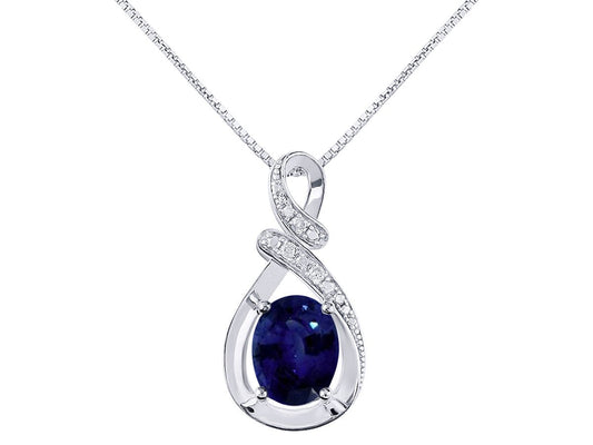 Diamond & Blue Sapphire Pendant Necklace in 14K White Gold with 18" Gold Chain -