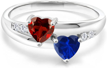 925 Sterling Silver Red Garnet and Blue Created Sapphire and Lab Grown Diamond W
