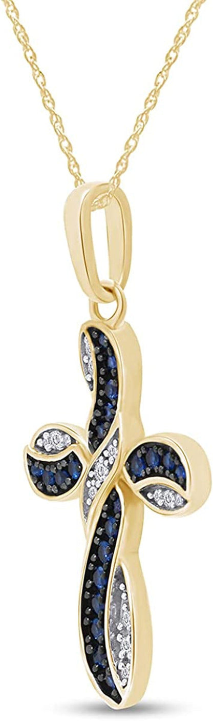 round Simulated Blue Sapphire & White Cubic Zirconia Cross Pendant Necklace in 1