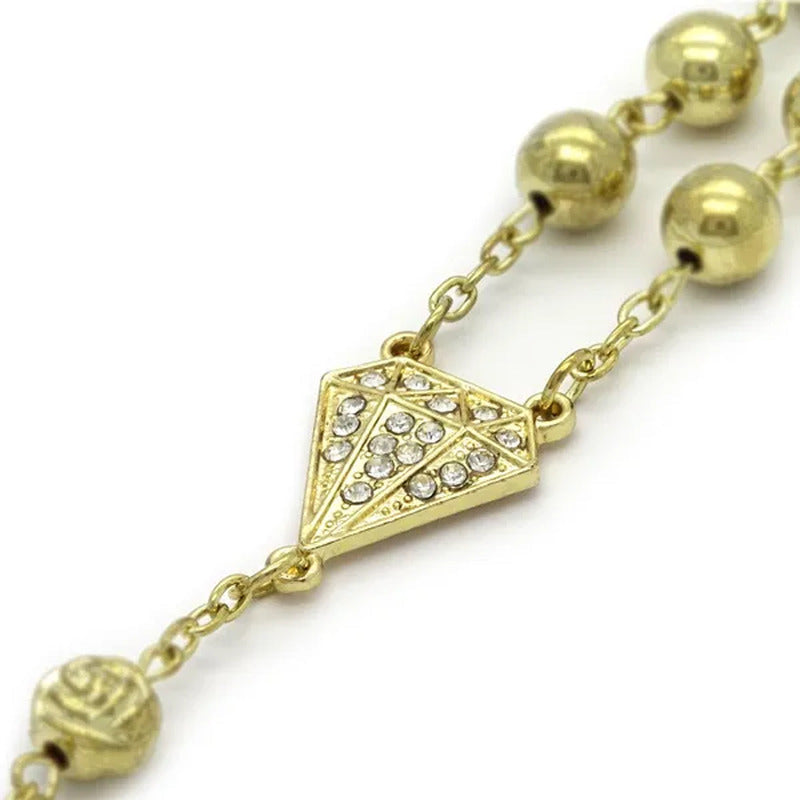 HOT Mens Hip Hop 8Mm GOLD Beads 14Kt Diamond-Shape Rosary & Jesus Cross Necklace
