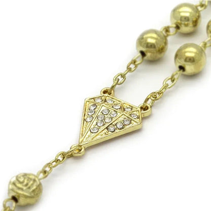 HOT Mens Hip Hop 8Mm GOLD Beads 14Kt Diamond-Shape Rosary & Jesus Cross Necklace