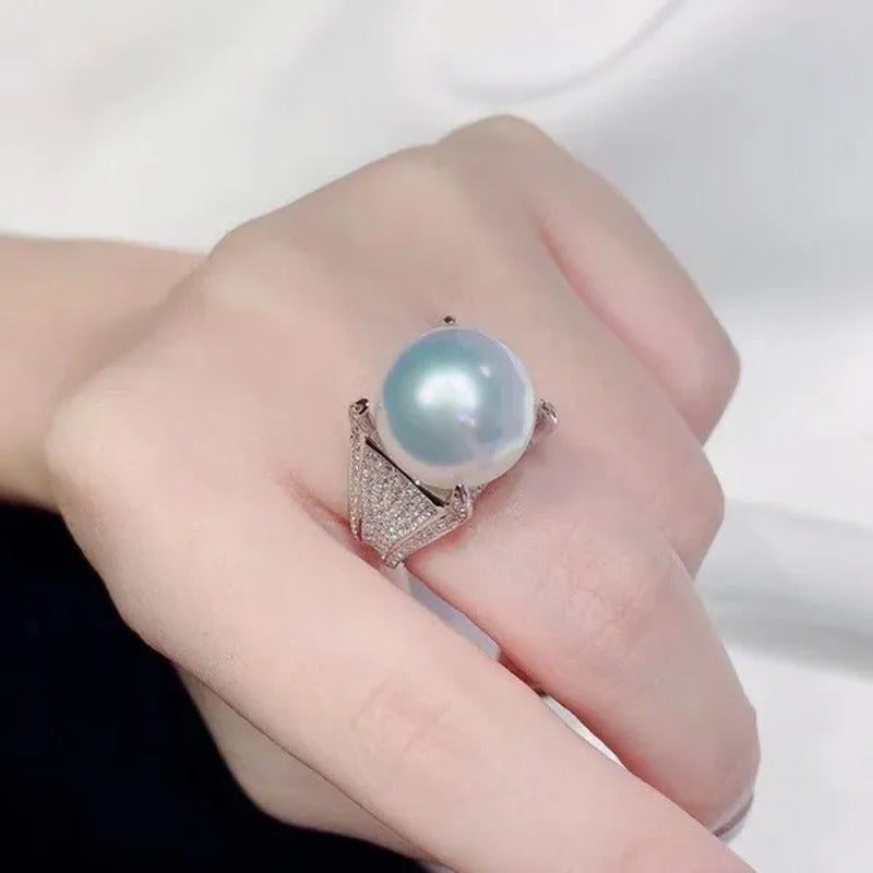 Luxury Noble 925 Solid Silver Micro Pave Diamond 4 Prong Setting Natural Pearl R