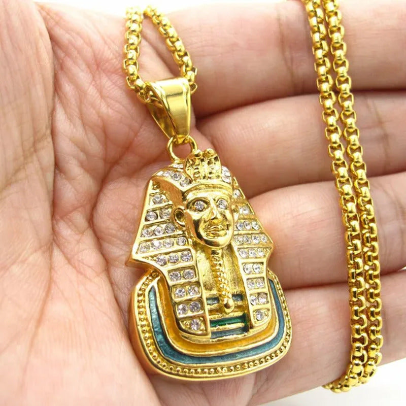 Mens Egyptian Pharaoh Necklace Gold Diamond Stainless Steel Chain Hip Hop