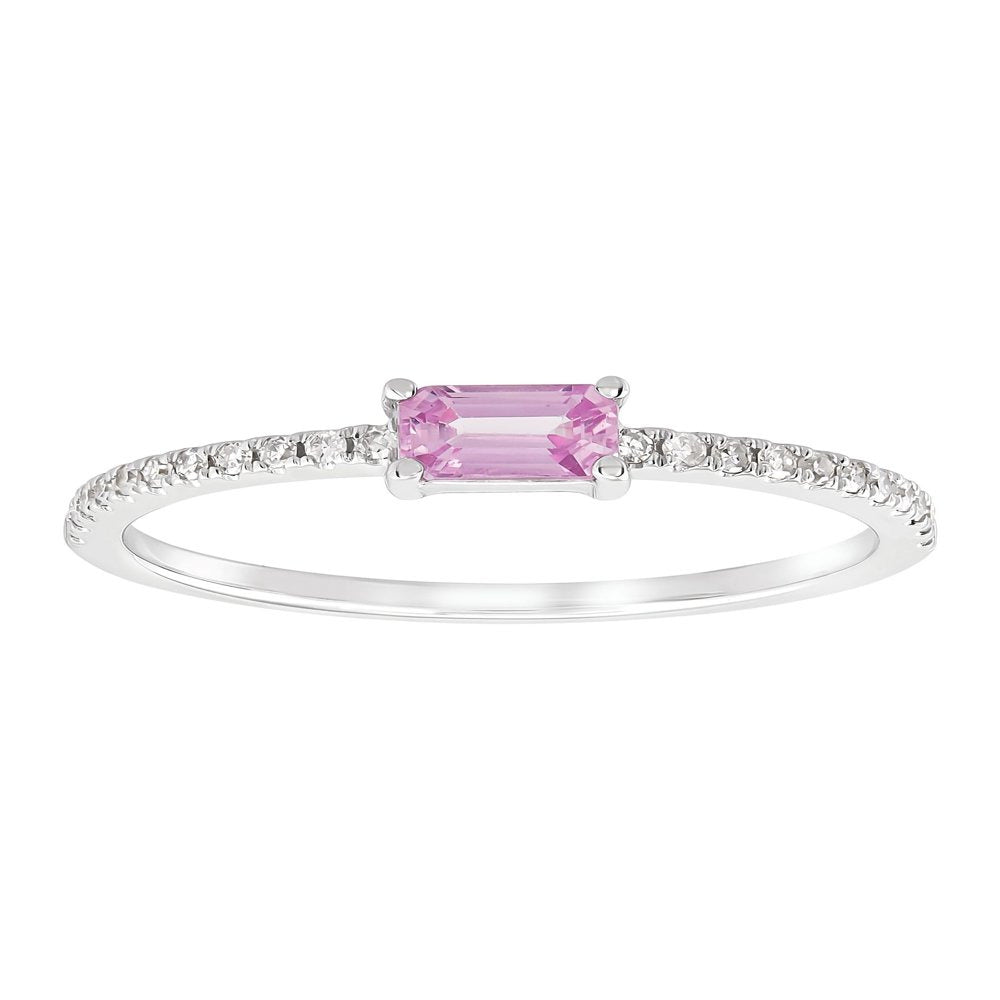 Women'S Welry Natural Emerald-Cut Pink Sapphire Ring with 1/10 Ct Diamonds in 14