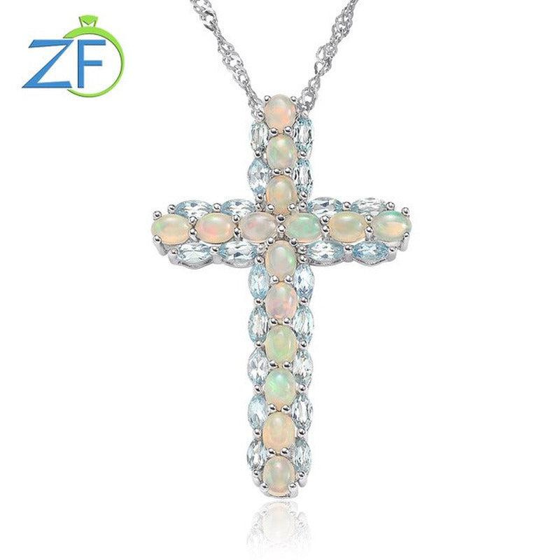 Real 925 Sterling Silver Cross Pendant for Women Natural Opal Tourmaline Mixed
