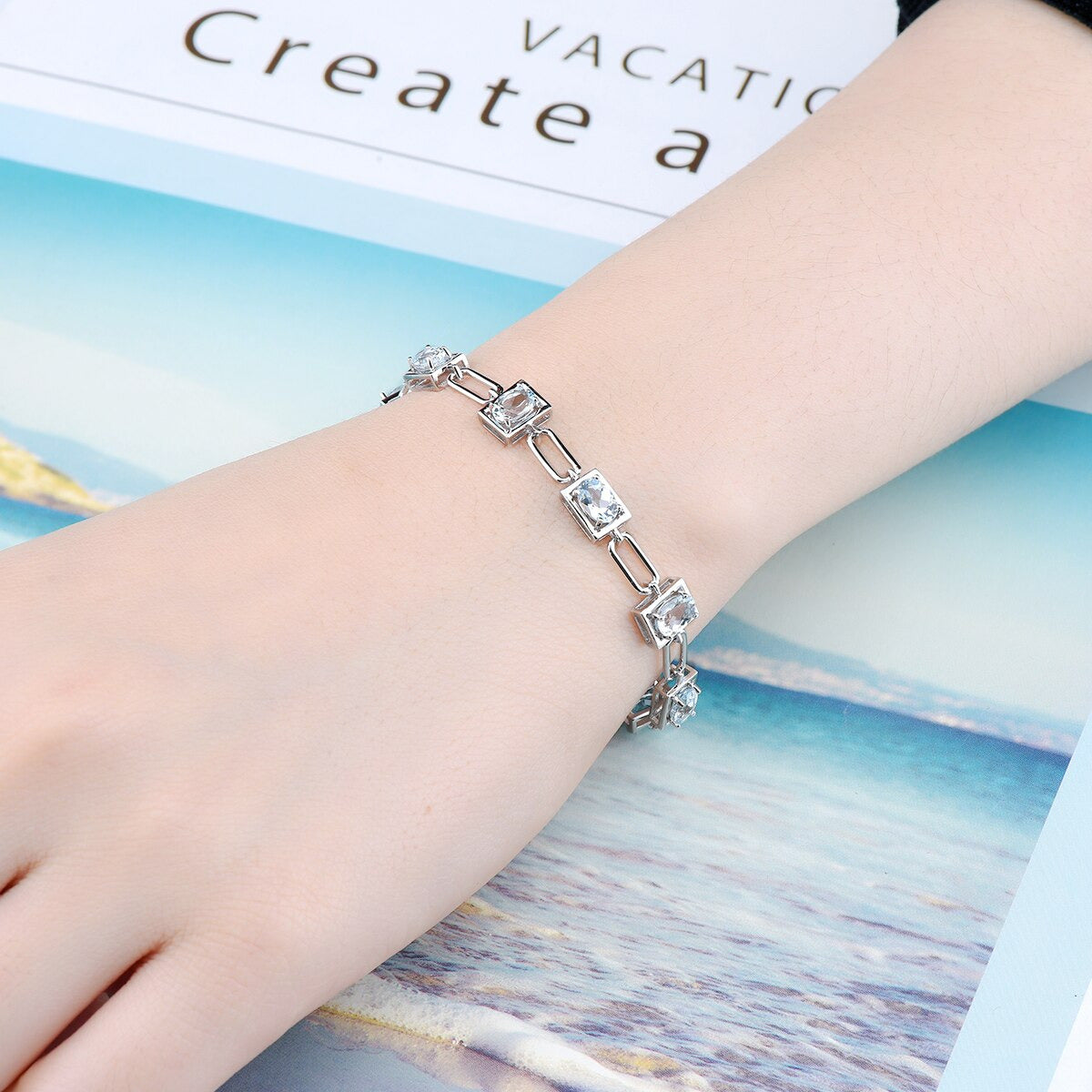 Genuine Aquamarine Solid Silver Bracelet S925 Natural Light Blue Gemstone