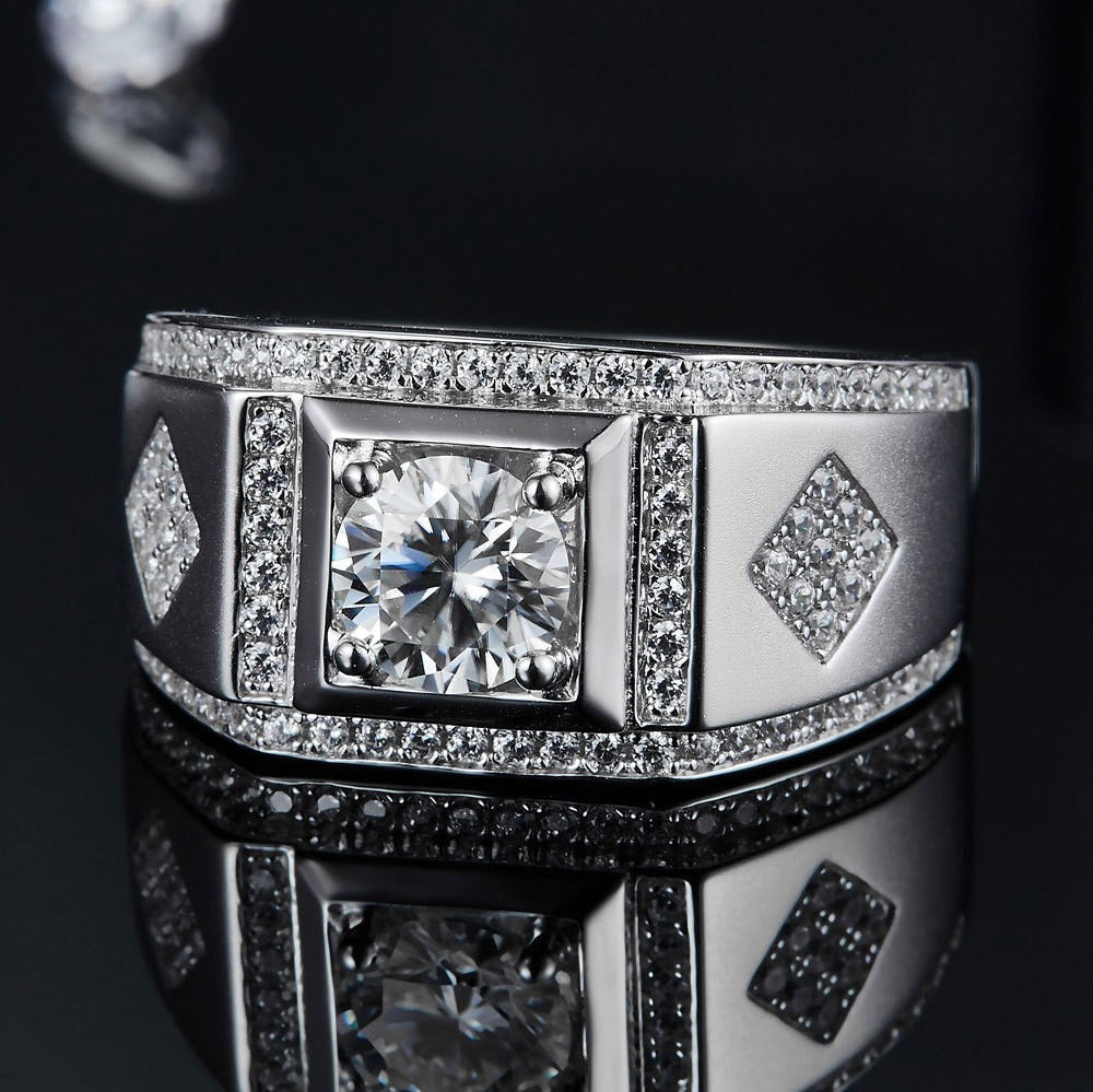 One Carat Row Diamond Moissanite 925 Silver Men'S Wedding Ring