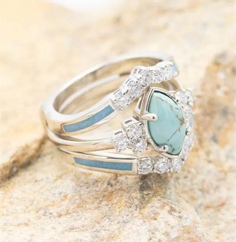 New Three-Piece Set of Oil Drop Diamond Turquoise Ring