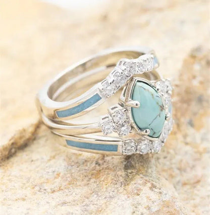 New Three-Piece Set of Oil Drop Diamond Turquoise Ring