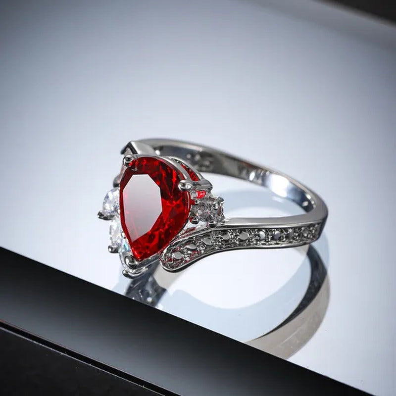 New 925 Sterling Silver Fashion Natural Ruby Angel Teardrop Diamond Ring Engagem