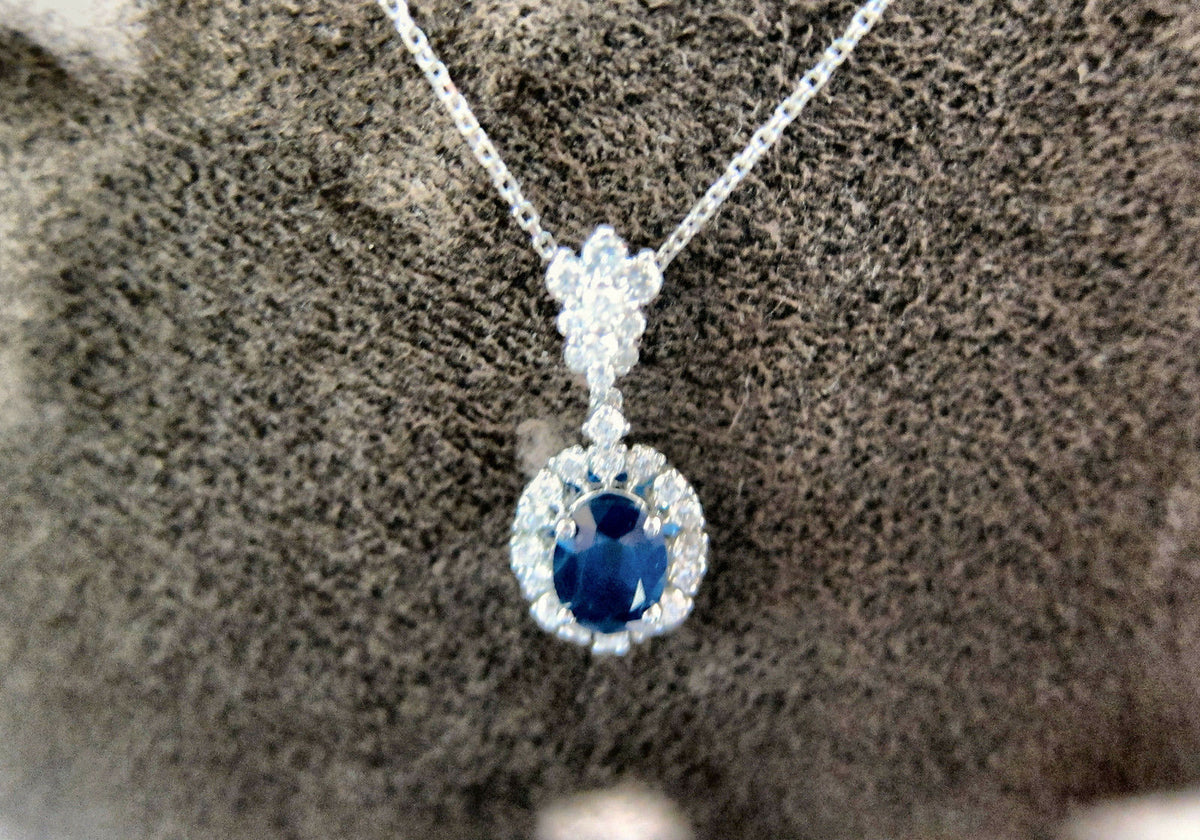 SAPPHIRE OVAL SHAPE ROUND DIAMOND PENDANT INCLUDED CHAIN
