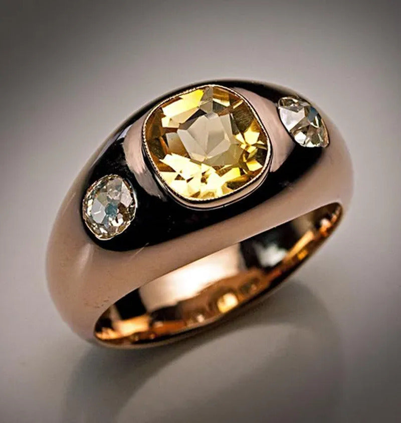 Vintage Women'S Fashion Rose Gold Natural Citrine Diamond & White Sapphire Ring
