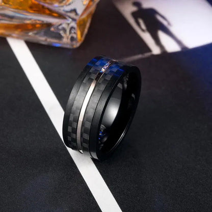 8Mm Wide Mens Stainless Steel Carbon Fiber Ring Engagement Wedding Band Exquisit