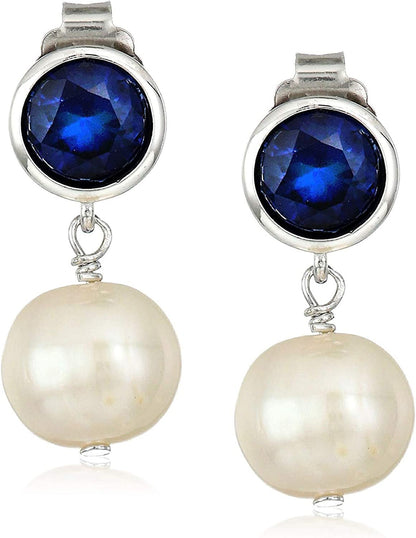 925 Sterling Silver Bezel-Set Gemstone Birthstone and 8Mm White Freshwater Cultu