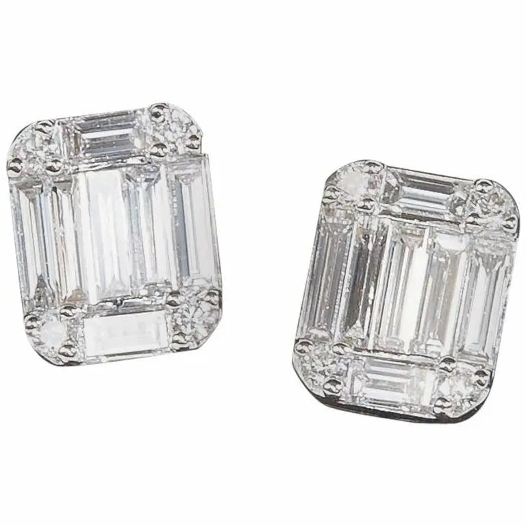 Emerald Cut Diamond Illusion Stud Earrings 1.01  ct F VS1.\/2 18 k white gold