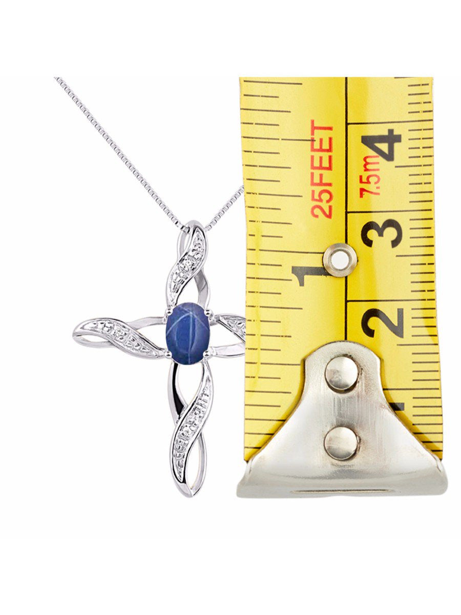 Diamond & Blue Star Sapphire Cross Pendant Necklace Set in Set in 14K White Gold