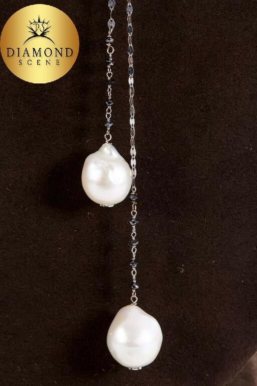 Baroque Pearl Black Diamond Gold Lariat Necklace