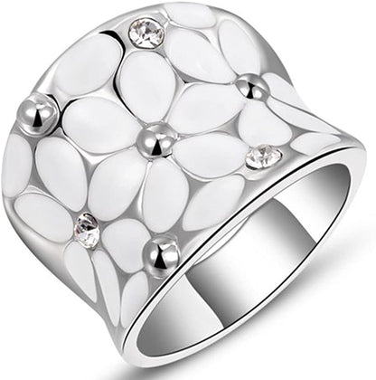 Womens Elegant Enamel Flower White Gold Band Bloom Petal Platinum Wedding Engage