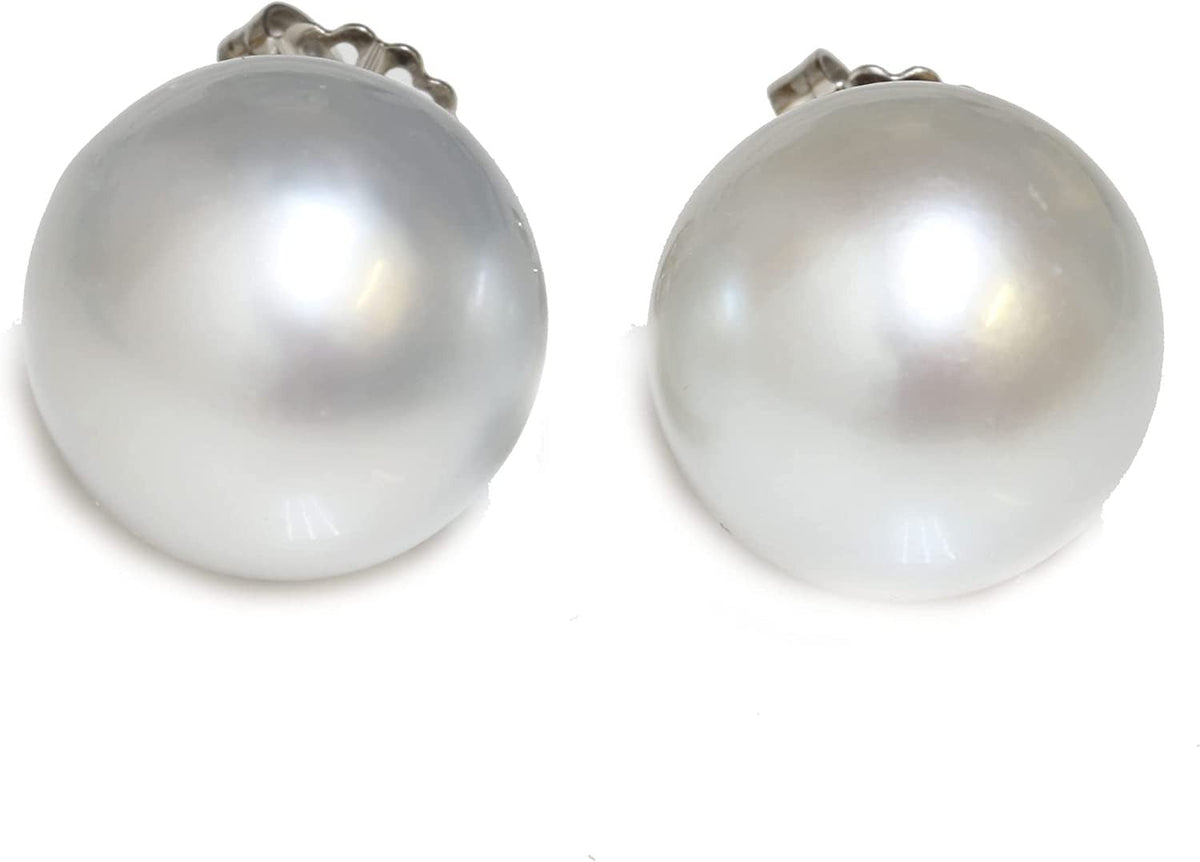 14K Gold Australian South Sea Pearl Stud Earrings 15 MM Natural White Silver Blu