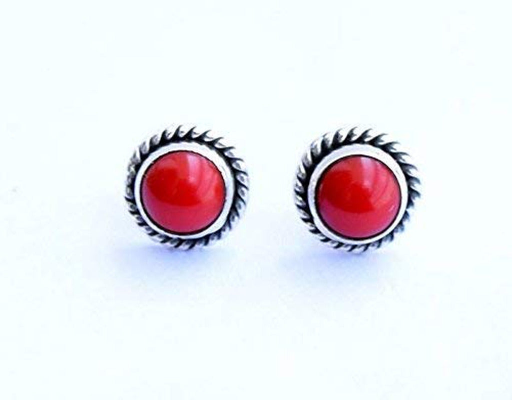 925 Sterling Silver Red Coral Stud Post Earring Gemstone Earring 6 MM round Girl