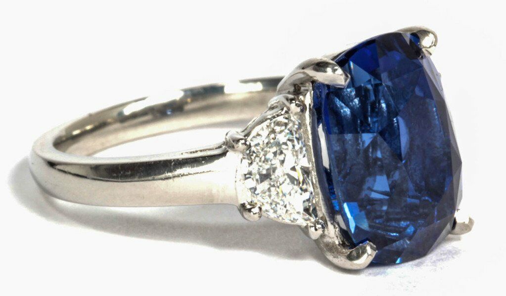 Natural No Heat Sapphire cushion 6.16 ct and Diamond .66 ct half moon Ring