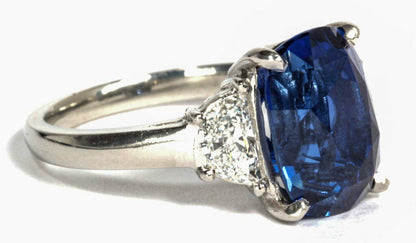 Natural No Heat Sapphire cushion 6.16 ct and Diamond .66 ct half moon Ring