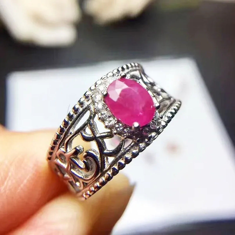 Vintage Ruby Ring 5 Mm * 6 Mm Natural Africa Ruby Silver Ring Solid 925 Sterling