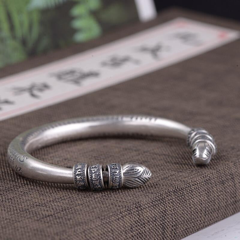 990 Sterling Silver Tibetan Six Words Mantra Bangle for Men and Women Buddhist H