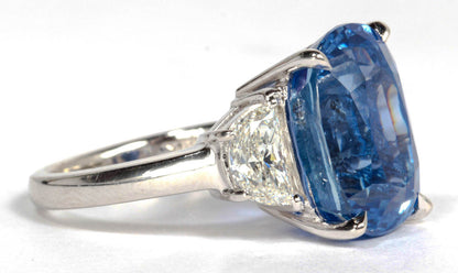 AGTA CERTIFIED 100% NATURAL CUSHION SHAPE SAPPHIRE SET TWO HALFMOON DIAMOND RING