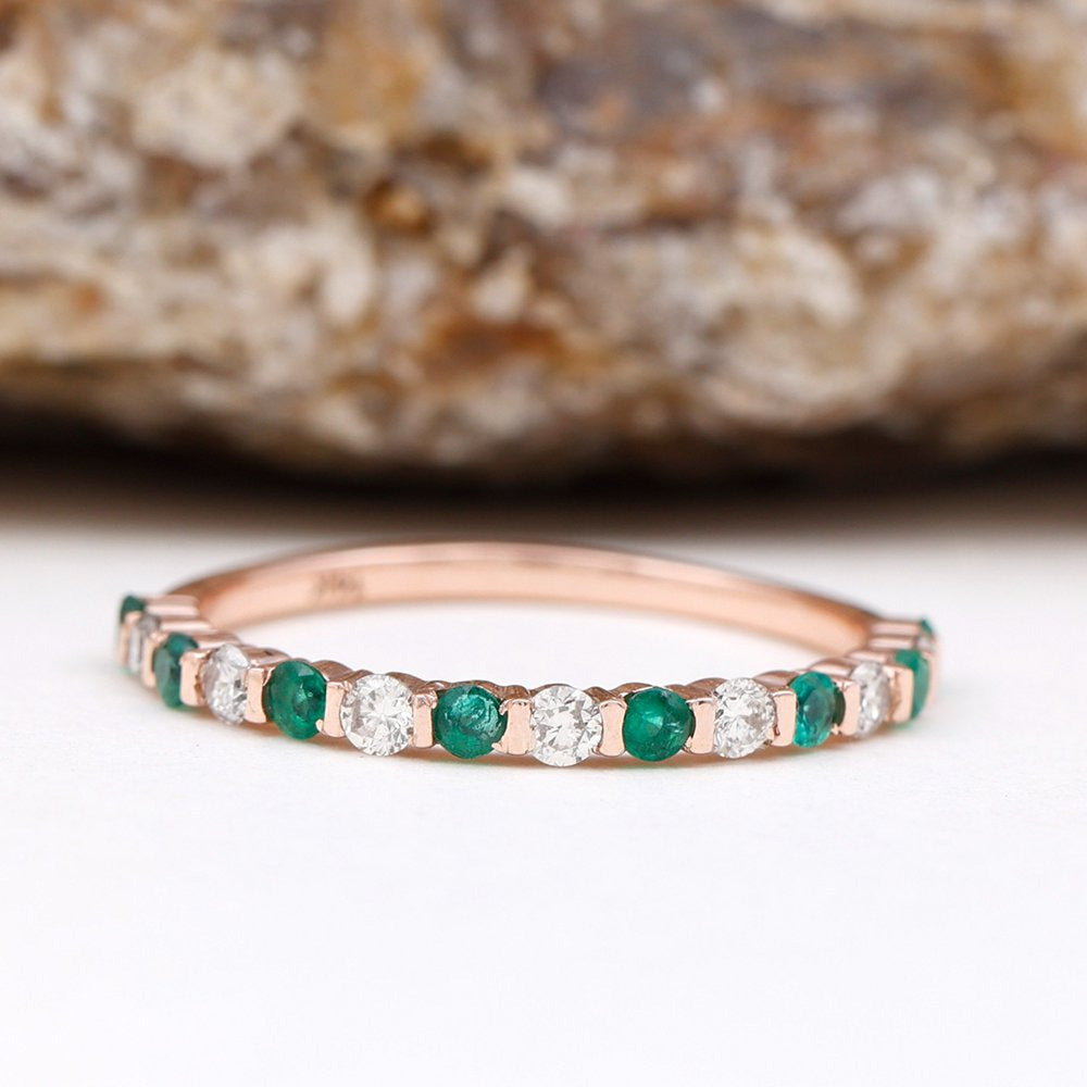 Real Emerald Half Eternity Ring with Diamond for Women (0.75 CT, AAA Quality), 1