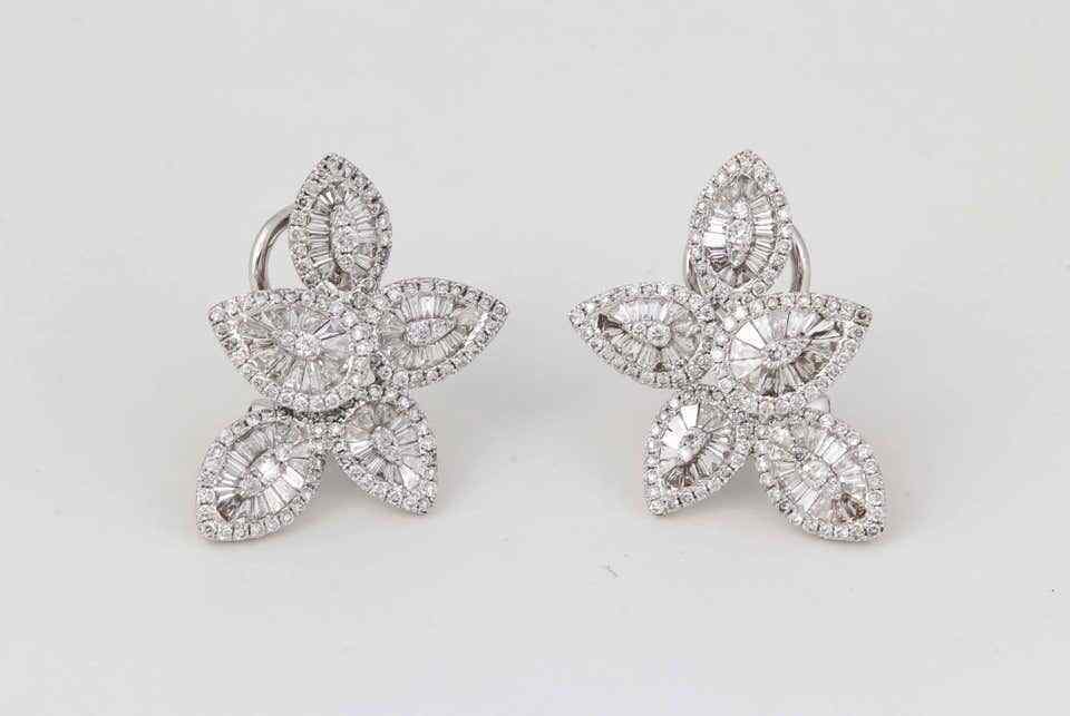 Stunning Baguette and Round Diamond Gold Cluster Earrings