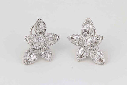 Stunning Baguette and Round Diamond Gold Cluster Earrings