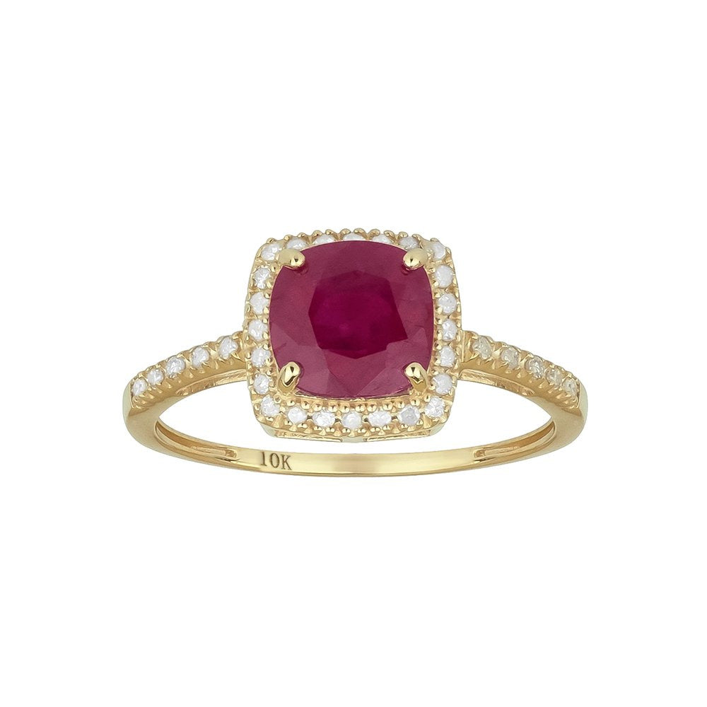 10K Yellow Gold Genuine Cushion-Cut 2.15Ct Ruby and Diamond Halo Ring
