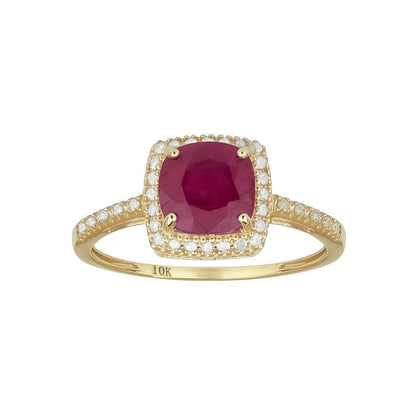 10K Yellow Gold Genuine Cushion-Cut 2.15Ct Ruby and Diamond Halo Ring