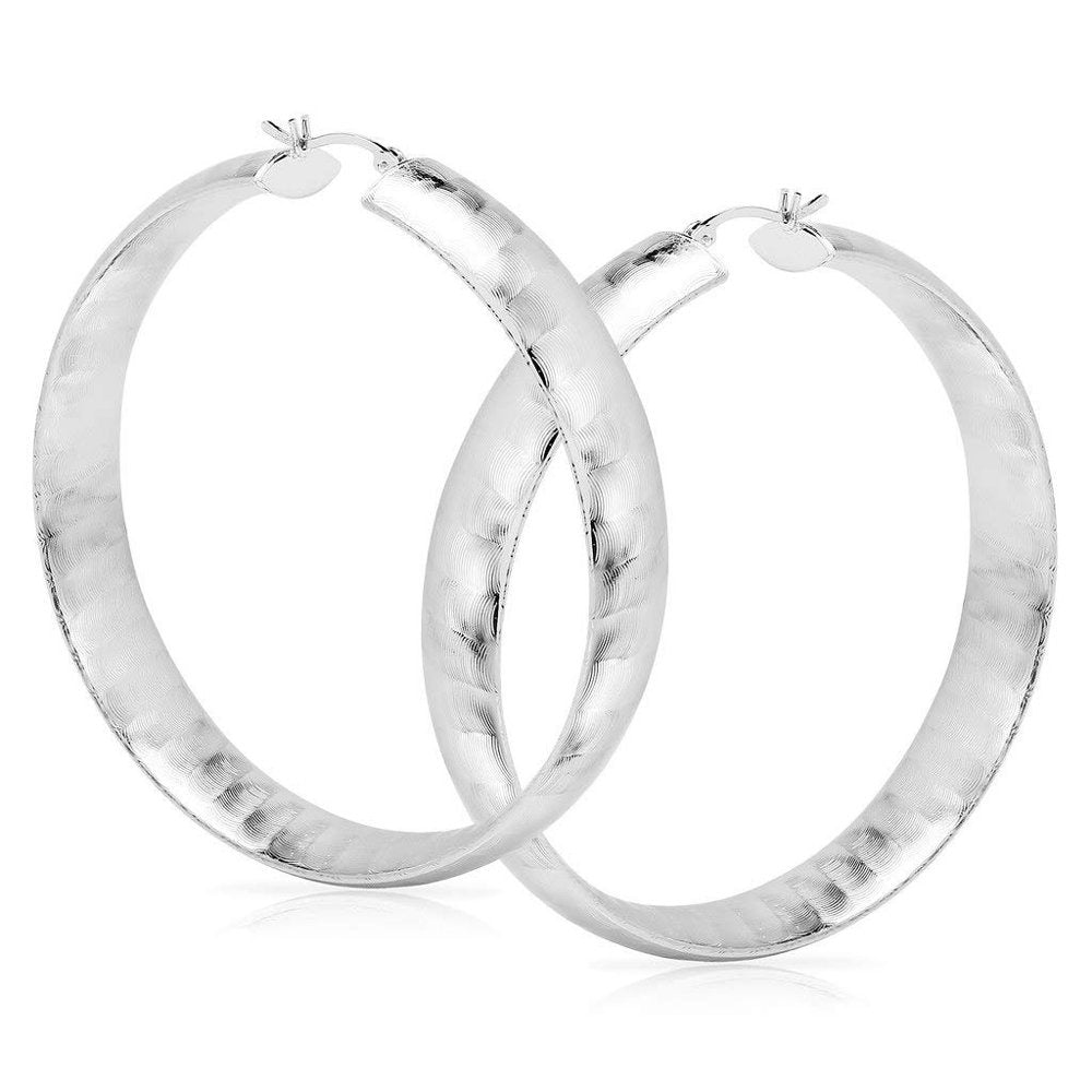 - Silver Dipped 60Mm Hammered Brushed Fashion Click Top Hoop Earrings
