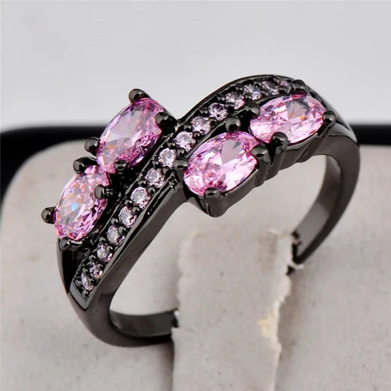 Princess Oval Pink Sapphire Black Gold Double Ring Luxurious Jewelry for Mulher