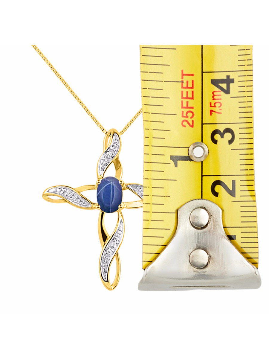 Diamond & Blue Star Sapphire Cross Pendant Necklace Set in Set in 14K Yellow Gol