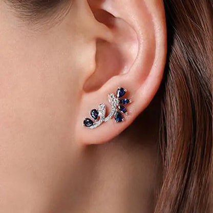 Trendy Women Climbing Earrings 925 Sterling Silver Diamond Blue Sapphire Earring