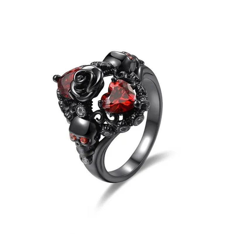 Rose Skull Ring Heart-Shaped Red Zircon Punk Ring Fashion Jewelry