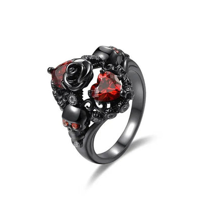 Rose Skull Ring Heart-Shaped Red Zircon Punk Ring Fashion Jewelry