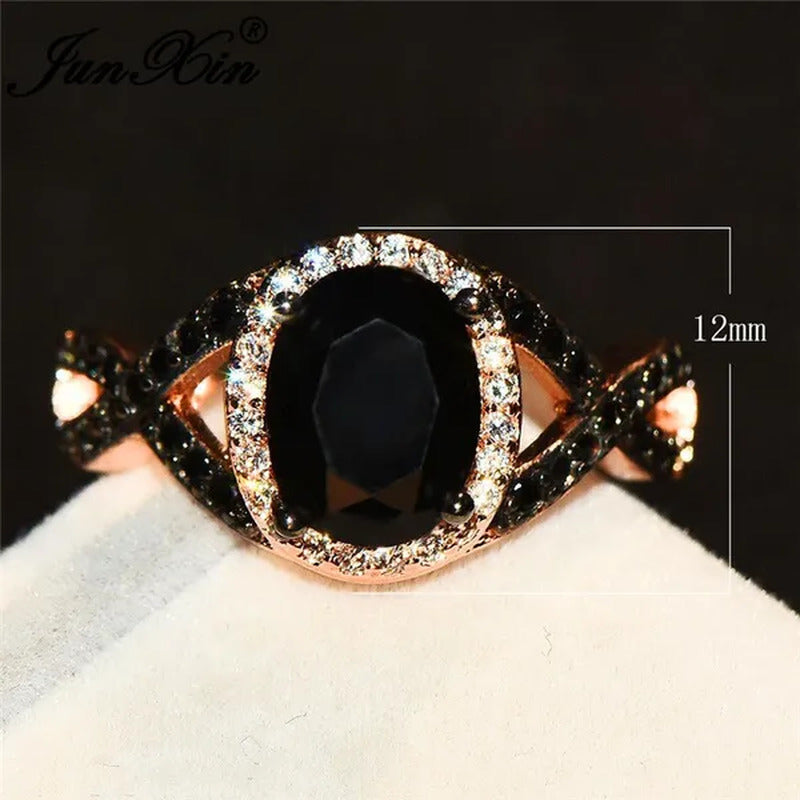 Exquisite Rose Gold Plated Large Oval Stone X Ring Women Filled Black Zircon Cry