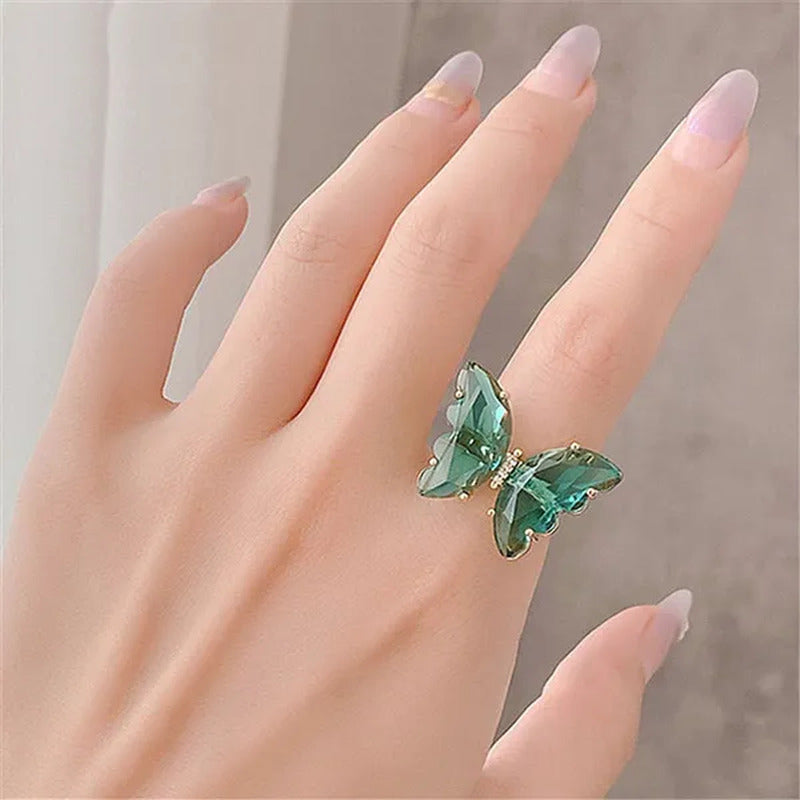 Shiny Accessories Elegant Colorful Transparent Glass Butterfly Ring for Women Si