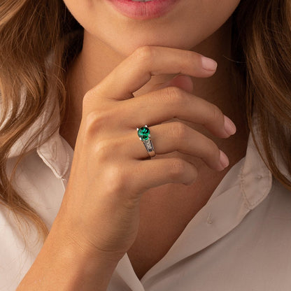 1.75 Ct round Green Created Emerald Solitaire Ring with Diamond in 14K White Gol