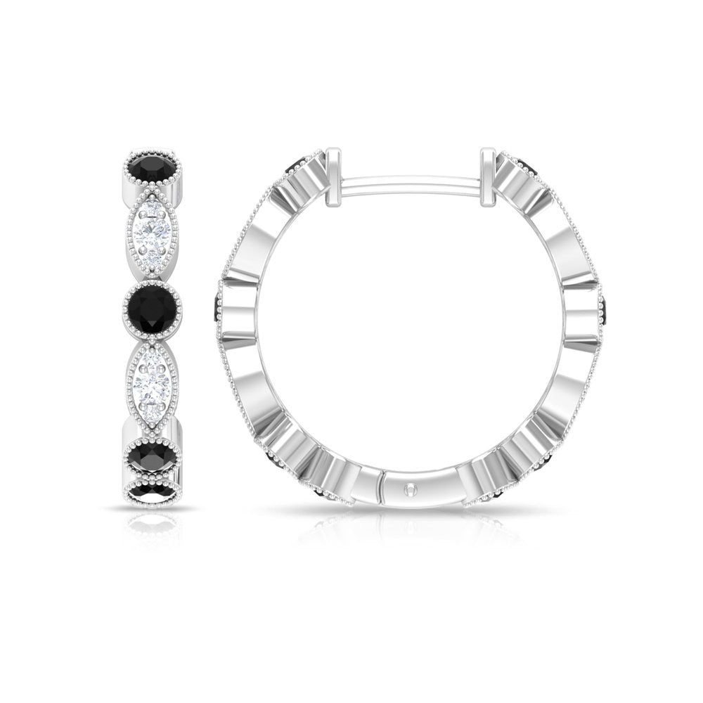 3/4 CT Black Spinel and Diamond Hoop Earrings, Black Spinel Vintage Earrings, Ho
