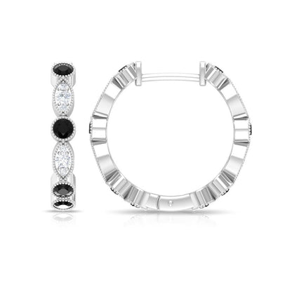 3/4 CT Black Spinel and Diamond Hoop Earrings, Black Spinel Vintage Earrings, Ho